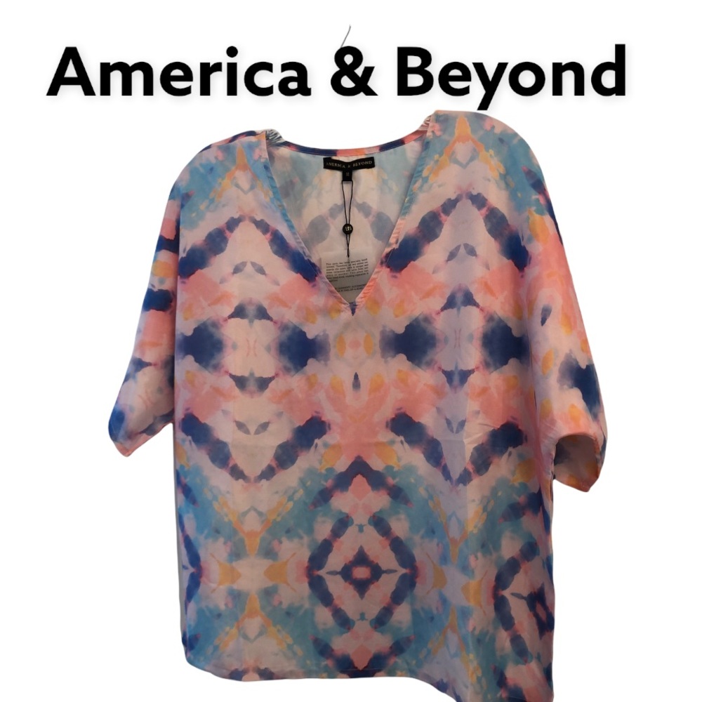 America & Beyond Tie Dye Short Dolman Sleeve Pullover Blouse M NWT
